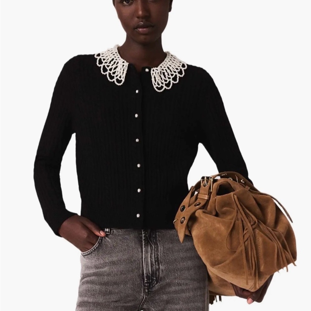 Maje Black Cardigan with Pearl Collar